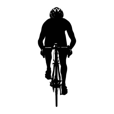 A black silhouette of a cyclist from the front, wearing a helmet and riding a road bicycle. The cyclist's body is hunched over the handlebars, with legs extended towards the pedals. The bicycle's wheels, frame, and handlebars are clearly defined in t
