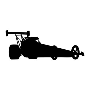 A black silhouette of a dragster racing vehicle is displayed against a white background. The image shows the distinctive long body, large rear wheels, smaller front wheels, a prominent spoiler, and visible engine components. The silhouette emphasizes