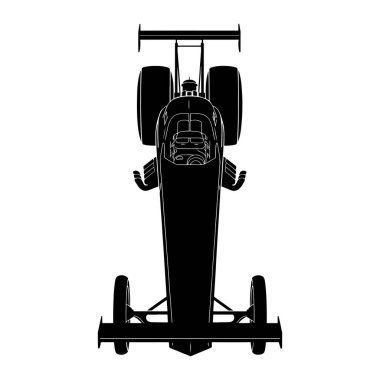 A black silhouette of a dragster racing car is depicted from a top-down perspective. The vehicle features large rear wheels, smaller front wheels, a prominent rear spoiler, and visible exhaust pipes. The cockpit area shows a driver wearing a helmet a