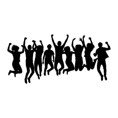 A black silhouette of a diverse group of people are captured mid-air, jumping with their arms raised in celebration. Their bodies are contorted in dynamic poses, conveying a sense of exhilaration and freedom. The figures are rendered in a flat, graph