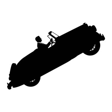 A black silhouette depicts a man in a suit and tie driving an old-fashioned convertible car. The car is tilted upwards, suggesting motion or a dynamic pose. The driver is holding the steering wheel, and the windshield and wheels of the vehicle are vi