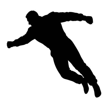A black silhouette of a man in a dynamic pose, appearing to be in mid-action. His body is angled, with arms extended and fists clenched, suggesting movement like running, jumping, or flying. The figure is isolated against a plain white background.