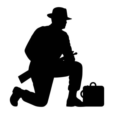 A black silhouette of a man wearing a fedora hat is kneeling on one knee. He is holding a rifle in his right hand, which rests on his lap. To his right, a briefcase sits on the ground. The background is pure white.