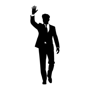 A black silhouette of a man wearing a suit, tie, and hat is depicted. He is walking forward and raising his right hand in a waving gesture. The background is plain white.