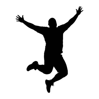 A black silhouette of a man is captured mid-air, jumping with his arms spread wide above his head. His legs are bent, with one knee raised and the other extended backward, conveying a sense of energetic motion. The figure is isolated against a stark 