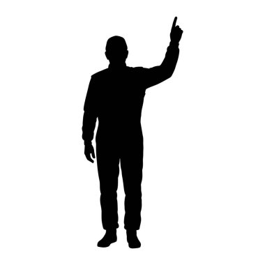 A black silhouette of a man standing and pointing his right index finger upwards against a white background. The man is wearing what appears to be a full-body suit or uniform. His left arm is held down by his side. The silhouette is stark and isolate