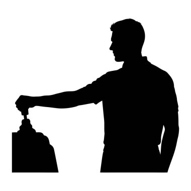 A black silhouette of a man's profile is depicted against a white background. He is wearing a collared shirt and his right arm is extended, with his hand grasping and operating a lever. The lever is attached to a dark, textured object that appears to