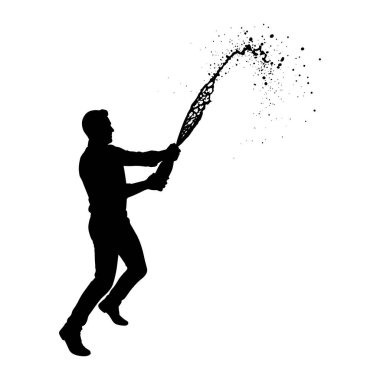 A black silhouette of a man in profile, holding a bottle and spraying a dynamic burst of black liquid splatter and droplets into the air. The splatter is concentrated and spreads outwards, creating an energetic and abstract visual effect against a pl