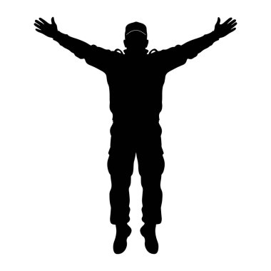 A black silhouette of a person stands with their arms fully extended outwards and upwards. The figure is wearing a cap and appears to be in motion, possibly jumping or celebrating. The silhouette is isolated against a plain white background.