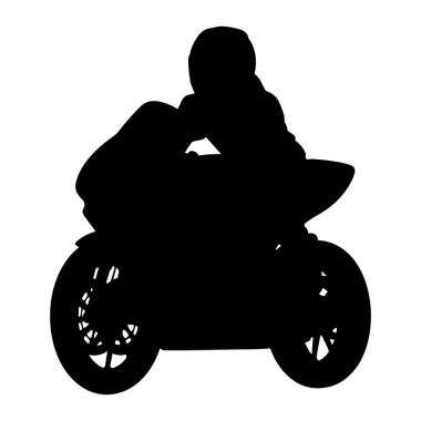 A black silhouette of a person wearing a helmet and riding a sport motorcycle. The image is isolated on a white background, with the silhouette clearly defined. The rider is leaning forward, suggesting speed and motion.