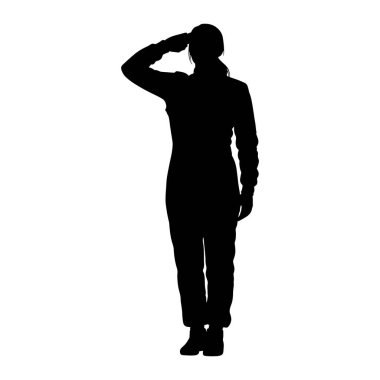 A black silhouette of a person standing and performing a salute. The person is wearing a full-body jumpsuit with long sleeves and pants, and appears to have their hair pulled back. Their right hand is raised to their forehead in a salute gesture. The