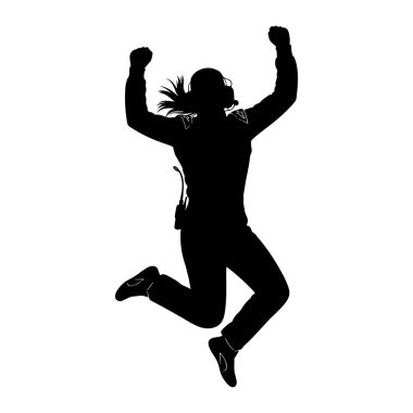 A black silhouette of a person in mid-air, jumping with their arms raised in a gesture of celebration or victory. The figure is wearing what appears to be a racing suit and helmet, with hair flowing from beneath the helmet. The silhouette is isolated