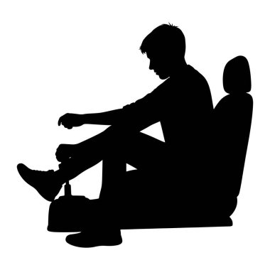 A black silhouette of a person sitting in a car seat, with their hand on a control lever. The person is leaning forward, appearing focused on operating the lever. The image is isolated on a white background, suggesting a graphic illustration or a rep