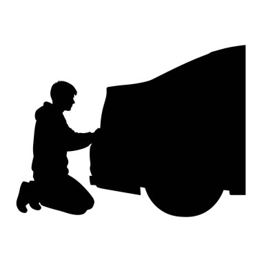 A black silhouette of a person kneeling beside a car, appearing to polish or clean its exterior. The person is wearing a hooded jacket. The image is a stark contrast between black and white, focusing on the shape and action.