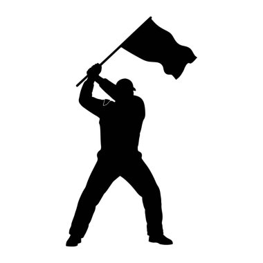 A black silhouette of a person wearing a cap and uniform is depicted against a white background. The person is holding a dark flag on a pole with both hands, raising it above their head and appearing to wave it with force. The flag is shown in motion