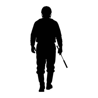 A black silhouette of a person walking forward, wearing a helmet and holding a whip in their right hand. The figure is depicted from the front, with their body and legs clearly outlined against a white background. The clothing appears to be a long-sl