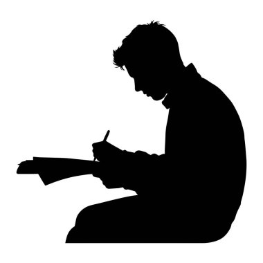 A black silhouette of a person is depicted from the side, focused on writing on a stack of papers with a pen. The figure is shown in profile, with their head bent down towards the documents. The background is pure white, isolating the subject and its