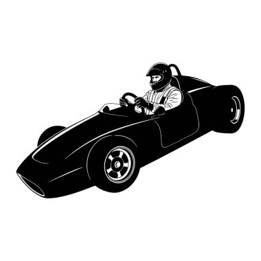 A black and white illustration depicts a race car driver wearing a helmet and gloves, gripping the steering wheel of an open-wheel racing car. The car is sleek and low-profile, with visible wheels and a streamlined body. The driver is positioned in t