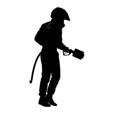 A black silhouette of a person in a racing suit and helmet, holding a fuel nozzle. The figure is standing and appears to be in the process of refueling a vehicle. The image is stark black against a white background, emphasizing the form and action.