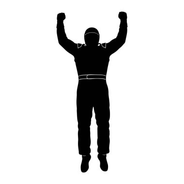 A black silhouette of a racing driver stands with arms raised in celebration against a white background. The driver is wearing a full racing suit and helmet, with a white belt accenting the suit. The pose suggests victory or a moment of triumph in a 