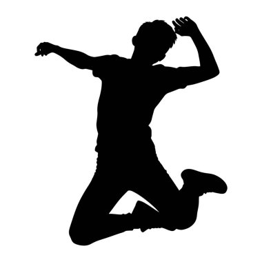A black silhouette of a young person captured mid-air, jumping with one arm raised above their head and the other extended to the side. The figure is wearing casual clothing, including a t-shirt and pants, and appears to be in a dynamic and energetic
