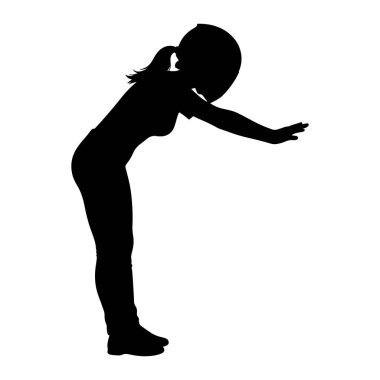 A black silhouette of a person is depicted against a white background. The figure is shown from the side, with their body bent forward at the waist. Their arms are outstretched and reaching downwards. The person has a ponytail and is wearing pants an