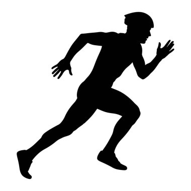 A black silhouette of a male athlete in mid-stride, running with arms outstretched and legs in motion. The figure is depicted against a stark white background, emphasizing the dynamic pose and the outline of the runner. The silhouette captures the es