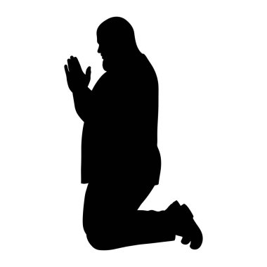 A black silhouette of a man kneeling on one knee with his hands clasped together in front of his chest. His head is bowed slightly, suggesting a posture of prayer or deep contemplation. The figure is isolated against a plain white background.
