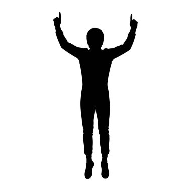 A black silhouette of a person wearing a racing suit is captured mid-air, jumping with both arms raised and index fingers pointing upwards. The figure is isolated against a plain white background, conveying a sense of victory or achievement. The pose