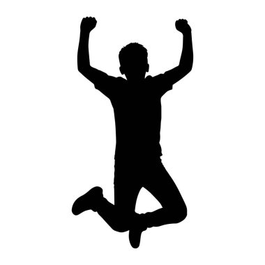 A black silhouette of a person is captured mid-jump against a stark white background. The figure's arms are raised high above their head with fists clenched, conveying a sense of exhilaration or triumph. Their legs are bent, with one knee drawn up an