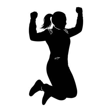 A black silhouette of a woman in a racing suit is captured mid-jump, with her arms raised in a gesture of celebration. Her hair is pulled back in a ponytail. The suit appears to have some subtle detailing on the shoulders and a small logo on the leg.