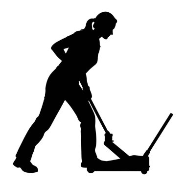 A black silhouette of a woman with her hair in a ponytail, wearing pants and a shirt, is shown operating a hydraulic jack. Her body is angled as she pushes down on the jack's handle, indicating she is actively using the tool. The jack itself is depic