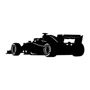 A black silhouette of a modern racing car is depicted against a plain white background. The car features a low profile, large rear wing, and distinctive wheels with circular detailing. The outline is sharp and clean, emphasizing the aerodynamic shape