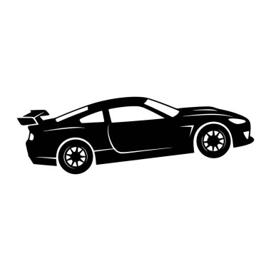 A black silhouette of a sleek sports car is depicted against a white background. The vehicle is a two-door coupe with a prominent rear spoiler, suggesting a focus on performance and aerodynamics. The car features stylized headlights and taillights, a