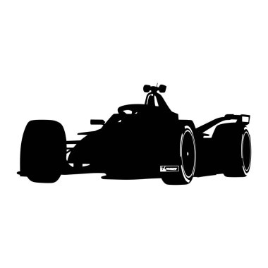 A stark black silhouette of a modern racing car is presented against a clean white background. The vehicle features an aerodynamic design with prominent front and rear wings, large wheels with visible tire details, and a cockpit area. The silhouette 