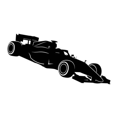 A black silhouette of a modern racing car is depicted against a white background. The car features aerodynamic lines, large wheels with visible rims, a prominent rear spoiler, and a sleek body design. The image is a graphic representation, emphasizin