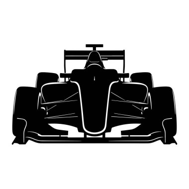 A black silhouette of a modern racing car is depicted from a front-facing perspective against a white background. The image highlights the aerodynamic design with its wide tires, prominent front and rear spoilers, and the sleek bodywork. The outline 
