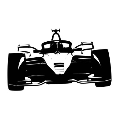 A black and white silhouette of a modern formula one racing car is depicted from a frontal perspective. The vehicle features a sleek, aerodynamic design with prominent front and rear wings, large wheels, and a visible cockpit area. The stark contrast