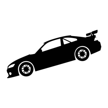 A black silhouette of a modern sports car is depicted against a white background. The vehicle features a prominent rear spoiler, sleek lines, and distinctive wheels. The car is angled as if in motion, conveying a sense of speed and performance.