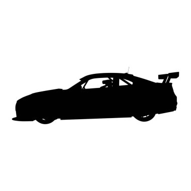 A black silhouette of a racing coupe is depicted against a white background. The car features a prominent rear spoiler, aerodynamic lines, and visible interior roll cage structure, suggesting a high-performance vehicle. The silhouette highlights the 