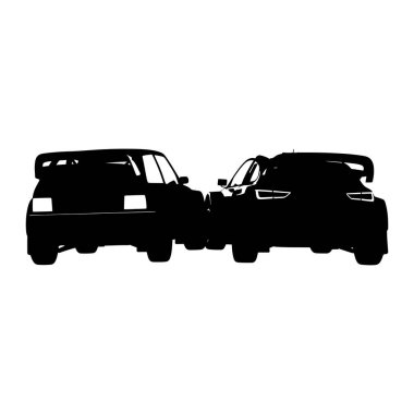 A black silhouette of two rally cars is depicted facing each other against a plain white background. The car on the left appears to be a classic rally model with a prominent rear spoiler, while the car on the right is a more modern design, also featu