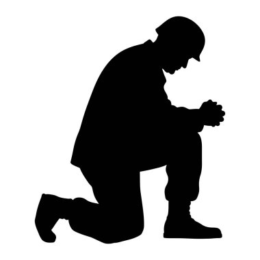 A black silhouette of a soldier kneeling on one knee with their head bowed and hands clasped in prayer. The soldier is wearing a helmet and military uniform, including boots. The figure is isolated against a plain white background.