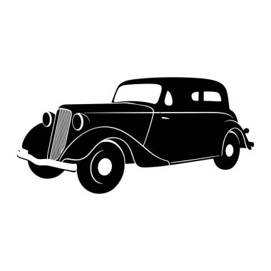 A black silhouette of a vintage automobile is depicted against a white background. The car features rounded fenders, two circular headlights, a vertical slatted grille, and distinct side windows. The overall design evokes a classic, retro aesthetic.