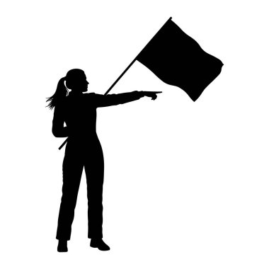A black silhouette of a woman with her hair in a ponytail stands holding a flag on a pole. She is pointing her index finger forward and to the right. The flag is dark and appears to be waving. The background is white.