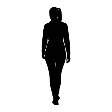 A black silhouette of a woman standing and walking forward against a white background. She has her hair pulled back in a ponytail and is wearing long-sleeved clothing and pants. The image is a simple, clean outline of a person.