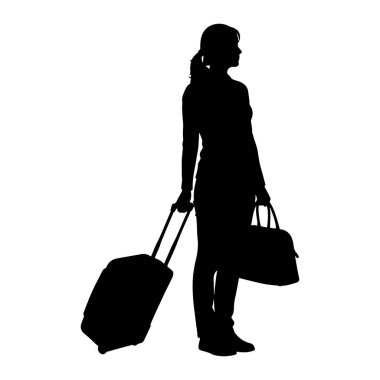 Ayakta duran ve sağa bakan siyah bir kadın silueti. Sol eliyle yuvarlanan bir valizin sapını ve sağ eliyle bir spor çantası tutuyor. Arkaplan beyaz.