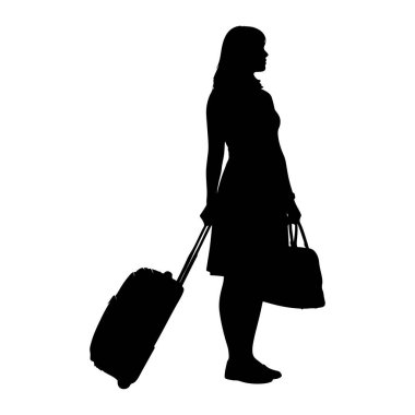 Profil üzerinde duran, sağa bakan siyah bir kadın silueti. O bir elbise giyiyor ve sol eliyle bir bavul tutuyor ve sağ eliyle bir spor çantası tutuyor. Arkaplan beyaz.