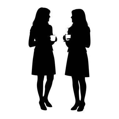 İki siyah kadın silueti birbirine dönük duruyor, her biri beyaz bir bardak tutuyor. Konuşuyor gibi görünüyorlar, profilleri beyaz arka planda görünüyor. Kadinlar profesyonel gibi gorunen bir kiyafet giyiyorlar.