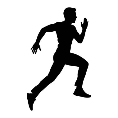 Siyah bir siluet, orta basamaklı bir adam, ileri doğru koşuyor, kolları ve bacakları hareket halinde. Şekil, dinamik duruşu, hız ve atletizm duygusunu vurgulayan düz beyaz bir arkaplan üzerinde resmedilmiştir..