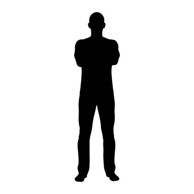 Kel bir adamın kolları çapraz duran siyah bir silueti. Şekil, düz beyaz bir arkaplana bakıyor. Silüet simsiyah ve açıkça adamın kafasını, gövdesini, kollarını ve bacaklarını gösteriyor..